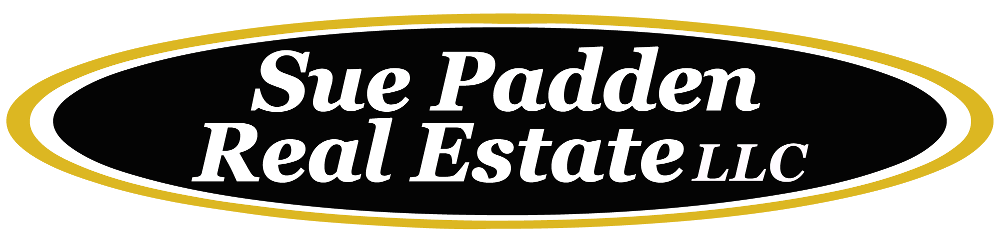 A black and yellow banner with the words " de padova real estate."