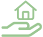 A green icon of a house and hands.